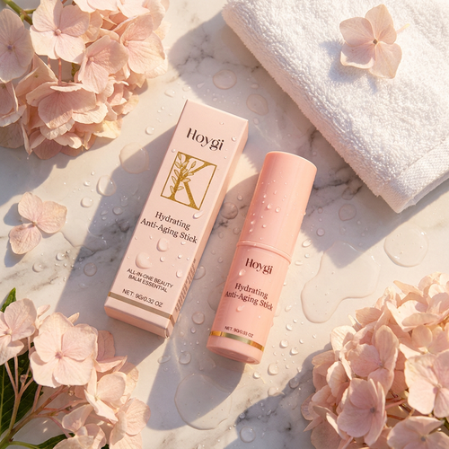 VerveSkin hydrating balm stick with hydrangea flowers on marble surface